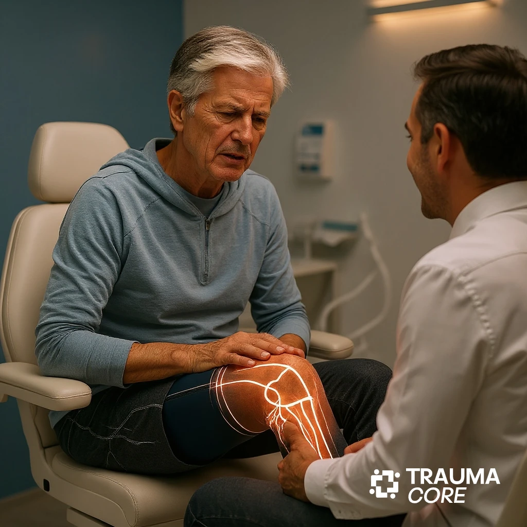 Cuándo acudir a un traumatólogo en República Dominicana - Traumacore - Núcleo Traumatológico Especializado, Santo Domingo, República Dominicana, hombre consultando a un traumatólogo por dolor de rodilla en clínica ortopédica moderna