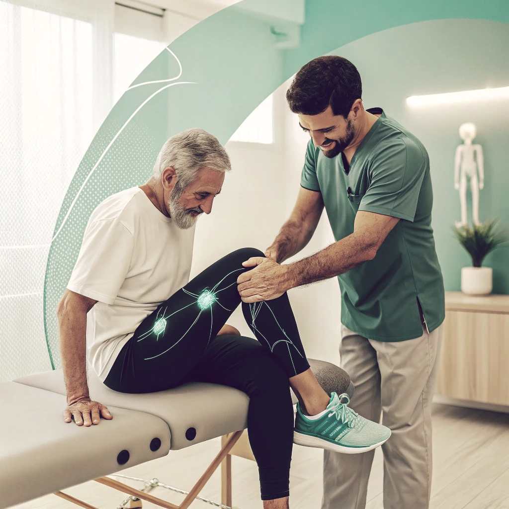 Terapia física y rehabilitación integral en SORS @ Traumacore - Núcleo Traumatológico Especializado, Santo Domingo, República Dominicana, Paciente de mediana edad recibiendo terapia física de rodilla en clínica moderna, con visualización anatómica de huesos y ligamentos y asistencia terapéutica activa